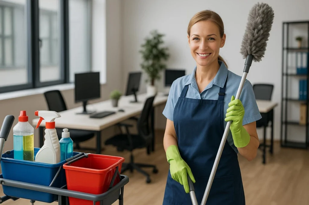 Büroreinigung_2025_Reinigungskraft_Bodensee Professionelle Reinigungskraft mit Reinigungswagen in einem modernen Büro – Symbolbild für moderne Büroreinigung 2025 mit Fokus auf Sauberkeit und Hygiene.