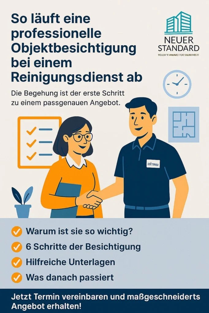 Objektbesichtigung_Reinigungsdienst_Ablauf Illustration eines professionellen Beratungsgesprächs zwischen einer Kundin und einem Mitarbeitenden eines Reinigungsdienstes – Symbol für Objektbesichtigung und Angebotserstellung.