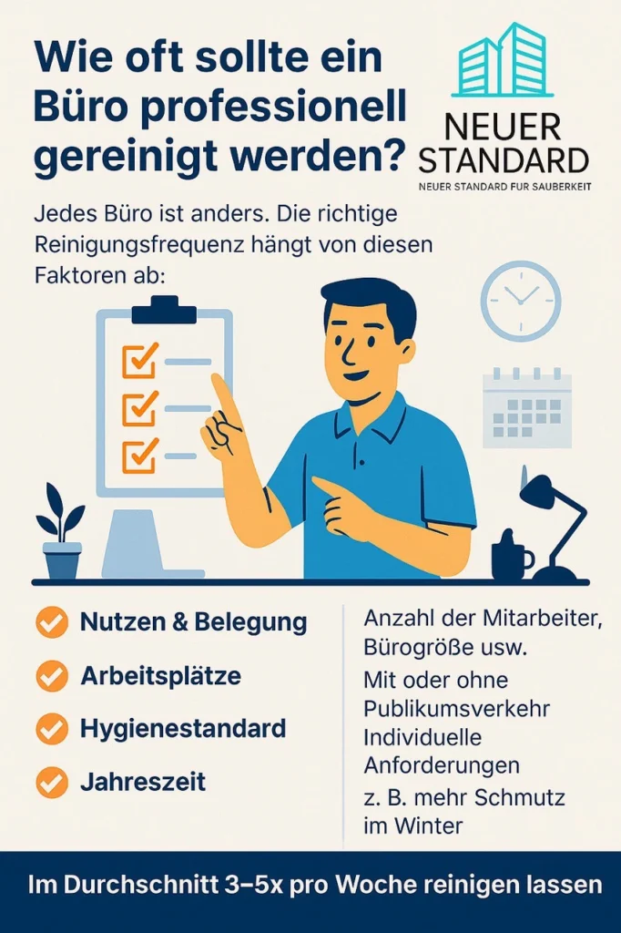 Reinigungsfrequenz_Büro_Faktoren Illustration eines Mannes im Büro mit Checkliste und Symbolen für Reinigungskriterien wie Nutzung, Arbeitsplätze, Hygienestandard und Jahreszeit – visuelle Darstellung der Faktoren für die Reinigungsfrequenz.