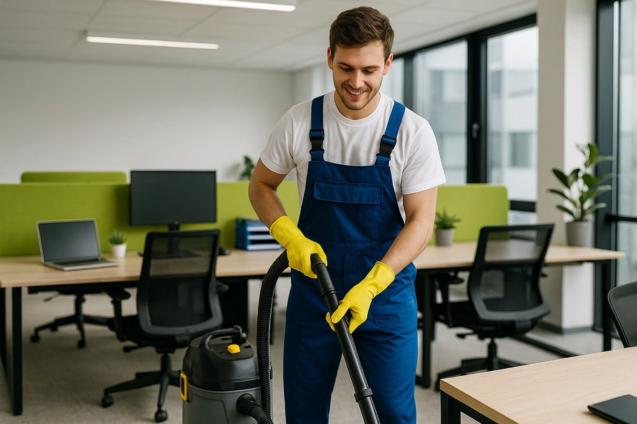 Reinigungskraft_im_Büro_beim_Staubsaugen Männlicher Reinigungskraft in Arbeitskleidung und gelben Handschuhen beim Staubsaugen eines modernen Großraumbüros mit Schreibtischen, Bildschirmen und Pflanzen.