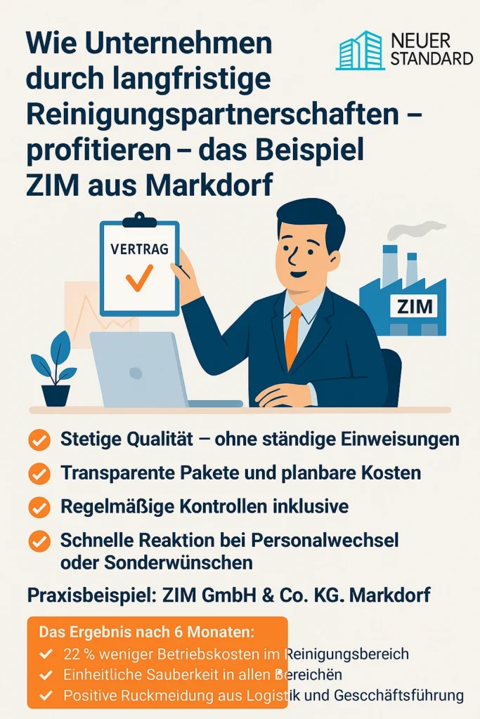 Vorteile langfristiger Reinigungspartnerschaften – Beispiel ZIM Infografik über die Vorteile langfristiger Reinigungspartnerschaften am Beispiel der ZIM GmbH aus Markdorf – inklusive Qualitätsgarantie, Kostentransparenz und Betriebskosteneinsparung.